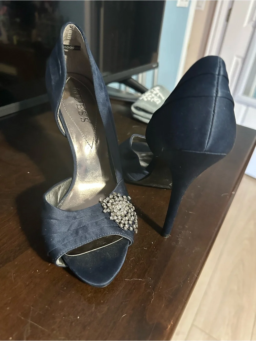 GUESS Navy Satin Crystal Brooch Peep-Toe Stilettos